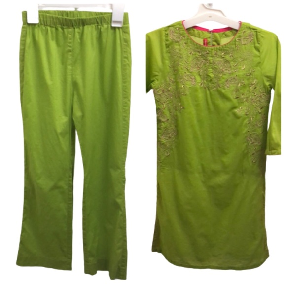 MINNIE MINORS 2 PC TUNIC/KURTI SET •LIME GREEN •GOLD EMBROIDERY & BEADS •Sz 9/10 - Picture 1 of 17